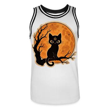 Chat noir devant une pleine lune Motif d’Halloween - Maillot de basket Homme - blanc/noir - Devant - AI Model Male 185 dark (185cm)