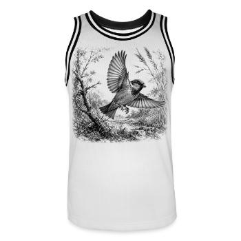 Süßer Spatz im Flug in Natur im Zeichenstil - Männer Basketball-Trikot - Weiß/Schwarz - Vorne - AI Model Male 185 dark (185cm)