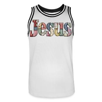 Patchwork Jesus Lettering - Men's Basketball Jersey - white/black - Front - AI Model Male 185 dark (185cm)