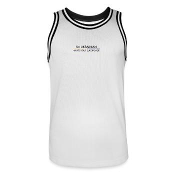 Je suis ukrainienne, quel est ton super-pouvoir ? - Maillot de basket Homme - blanc/noir - Devant - AI Model Male 185 dark (185cm)