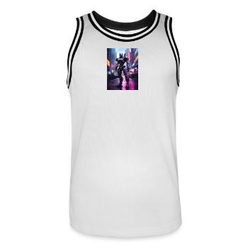 Neon Mecha in Stadtlichtern - Männer Basketball-Trikot - Weiß/Schwarz - Vorne - AI Model Male 185 dark (185cm)