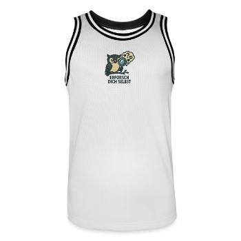 Erforsch dich selbst – Eulen-Motiv - Männer Basketball-Trikot - Weiß/Schwarz - Vorne - AI Model Male 185 dark (185cm)