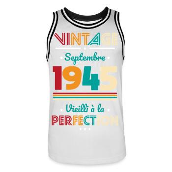 80. Geburtstag - Jahrgang - September 1945 - Männer Basketball-Trikot - Weiß/Schwarz - Vorne - AI Model Male 185 dark (185cm)
