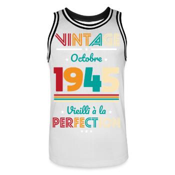 80. Geburtstag - Jahrgang - Oktober 1945 - Männer Basketball-Trikot - Weiß/Schwarz - Vorne - AI Model Male 185 dark (185cm)