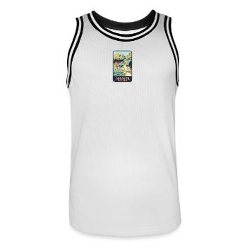 Retro-Abzeichen, Algarve Portugal, Strand Sommersonne - Männer Basketball-Trikot - Weiß/Schwarz - Vorne - AI Model Male 185 dark (185cm)