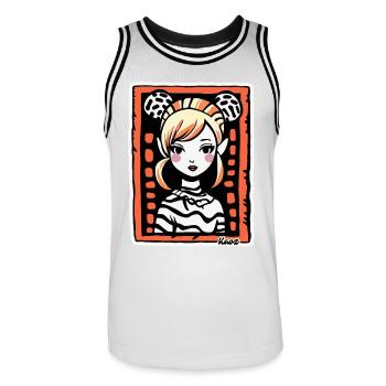 Stylized Cartoon Portrait – Artful Woman - Men's Basketball Jersey - white/black - Front - AI Model Male 185 dark (185cm)