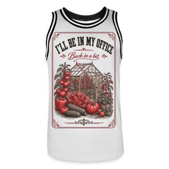 Je vais être dans mon bureau Jardinage bio - Maillot de basket Homme - blanc/noir - Devant - AI Model Male 185 dark (185cm)