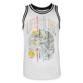 Vie d’ouvrier en hauteur industrielle en jeu - Maillot de basket Homme - blanc/noir - Devant - AI Model Male 185 dark (185cm)