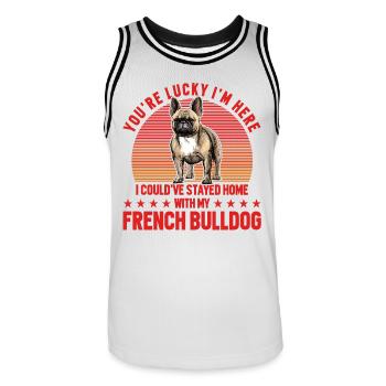 You're lucky I'm here French Bulldog - Men's Basketball Jersey - white/black - Front - AI Model Male 185 dark (185cm)