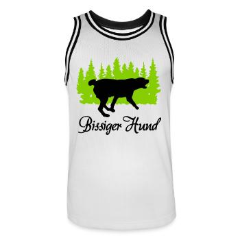 "Bissiger Hund: Wachsame Energie" - Männer Basketball-Trikot - Weiß/Schwarz - Vorne - AI Model Male 185 dark (185cm)