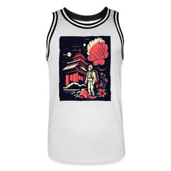 Astronaut vor japanischem Tempel mit Blumen - Männer Basketball-Trikot - Weiß/Schwarz - Vorne - AI Model Male 185 dark (185cm)