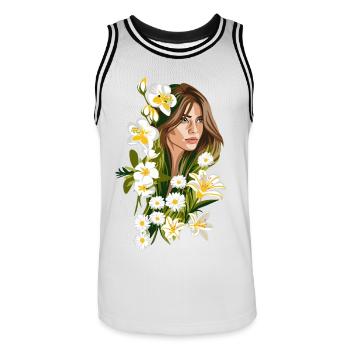 BELIA Illustration Frau mit weißen Blumen - Männer Basketball-Trikot - Weiß/Schwarz - Vorne - AI Model Male 185 dark (185cm)
