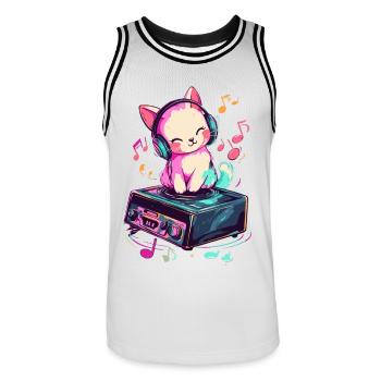 Chat mignon avec des écouteurs écoutant de la musique - Maillot de basket Homme - blanc/noir - Devant - AI Model Male 185 dark (185cm)