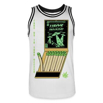 UFO Invasion Vintage Poster Design - Männer Basketball-Trikot - Weiß/Schwarz - Vorne - AI Model Male 185 dark (185cm)