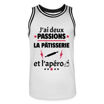J'ai deux passions pâtisserie apéro,fête des pères - Maillot de basket Homme - blanc/noir - Devant - AI Model Male 185 dark (185cm)