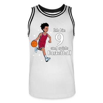Junge spielt Basketball - Ich bin 9 Jahre - Männer Basketball-Trikot - Weiß/Schwarz - Vorne - AI Model Male 185 dark (185cm)