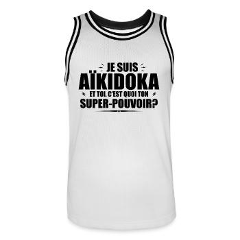 Je suis Aïkidoka. C'est quoi ton super pouvoir ? - Maillot de basket Homme - blanc/noir - Devant - AI Model Male 185 dark (185cm)