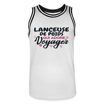 Globetrotting shot putter, passionate about vo - Men's Basketball Jersey - white/black - Front - AI Model Male 185 dark (185cm)