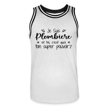 Je suis Plombière. C'est quoi ton super pouvoir ? - Maillot de basket Homme - blanc/noir - Devant - AI Model Male 185 dark (185cm)