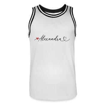 Alexandra Last name First name Calligraphy heart - Men's Basketball Jersey - white/black - Front - AI Model Male 185 dark (185cm)