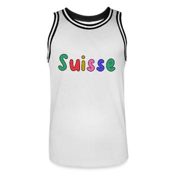 SUISSE. PAYS. GENEVE. HUMOUR. DRAPEAU - Maillot de basket Homme - blanc/noir - Devant - AI Model Male 185 dark (185cm)