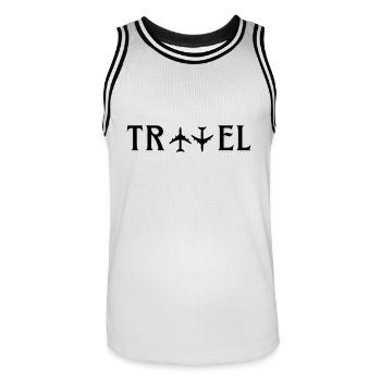 Travel Typography Design with 2 flight upside down - Men's Basketball Jersey - white/black - Front - AI Model Male 185 dark (185cm)