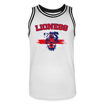 England Football Women’s Champions Lionesses 2022 - Men's Basketball Jersey - white/black - Front - AI Model Male 185 dark (185cm)