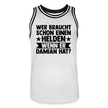 First name Damian - Men's Basketball Jersey - white/black - Front - AI Model Male 185 dark (185cm)