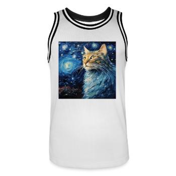 Chat, Motif De Chat, Van Gogh, Nuit Étoilée - Maillot de basket Homme - blanc/noir - Devant - AI Model Male 185 dark (185cm)