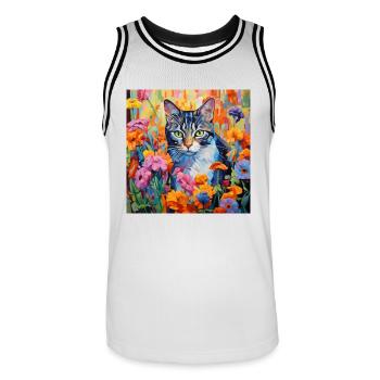 chat, motif de chat, fleurs, cadeau, idée cadeau - Maillot de basket Homme - blanc/noir - Devant - AI Model Male 185 dark (185cm)