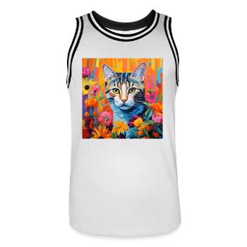 chat, motif de chat, fleurs, cadeau, idée cadeau - Maillot de basket Homme - blanc/noir - Devant - AI Model Male 185 dark (185cm)