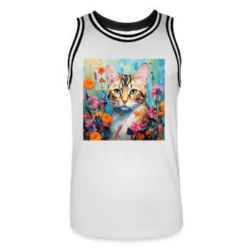 chat, motif de chat, fleurs, cadeau, idée cadeau - Maillot de basket Homme - blanc/noir - Devant - AI Model Male 185 dark (185cm)