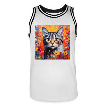 chat, motif de chat, fleurs, cadeau, idée cadeau - Maillot de basket Homme - blanc/noir - Devant - AI Model Male 185 dark (185cm)