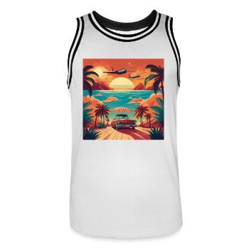 Vintage Beach Sunset with Red Car and Planes - Men's Basketball Jersey - white/black - Front - AI Model Male 185 dark (185cm)