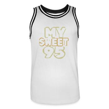 Birthday 95 - Men's Basketball Jersey - white/black - Front - AI Model Male 185 dark (185cm)