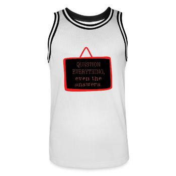 Bold "Question Everything" Philosophy Design - Men's Basketball Jersey - white/black - Front - AI Model Male 185 dark (185cm)