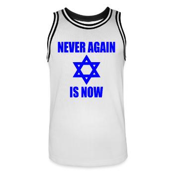 Never again is now - Men's Basketball Jersey - white/black - Front - AI Model Male 185 dark (185cm)