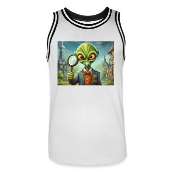 niedliche kleine grüne retro vintage alien detektiv - Männer Basketball-Trikot - Weiß/Schwarz - Vorne - AI Model Male 185 dark (185cm)