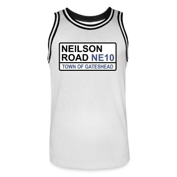 Gateshead Neilson Road Iconic Street Sign - Men's Basketball Jersey - white/black - Front - AI Model Male 185 dark (185cm)