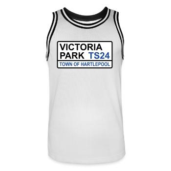 Hartlepool Victoria Park Iconic Street Sign - Men's Basketball Jersey - white/black - Front - AI Model Male 185 dark (185cm)