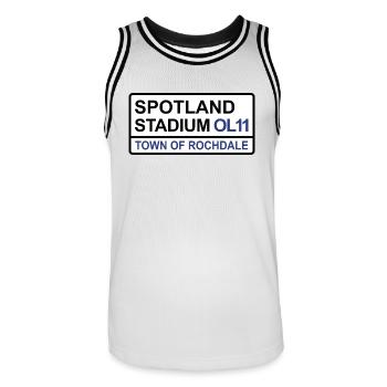 Rochdale Spotland Stadium Iconic Street Sign - Men's Basketball Jersey - white/black - Front - AI Model Male 185 dark (185cm)