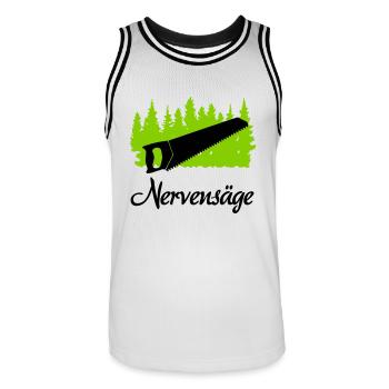 "Nervensäge: Charmante Unruhe" - Männer Basketball-Trikot - Weiß/Schwarz - Vorne - AI Model Male 185 dark (185cm)
