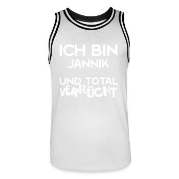 First name Jannik - Men's Basketball Jersey - white/black - Front - AI Model Male 185 dark (185cm)