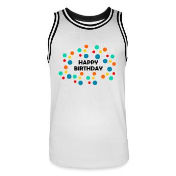 HAPPY BIRTHDAY. HAPPY BIRTHDAY. ANNIVERSARY. - Men's Basketball Jersey - white/black - Front - AI Model Male 185 dark (185cm)