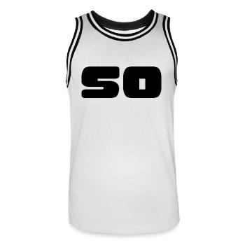 50. 50 JAHRE. 50-JÄHRIGES JUBILÄUM. GEBURTSTAG 50 JAHRE. - Männer Basketball-Trikot - Weiß/Schwarz - Vorne - AI Model Male 185 dark (185cm)