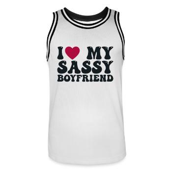 I love my sassy boyfriend - Men's Basketball Jersey - white/black - Front - AI Model Male 185 dark (185cm)