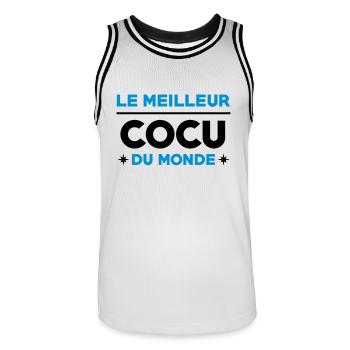 Cocu / Cocue / Adultère / Fidèle / Mariage / Sexe - Maillot de basket Homme - blanc/noir - Devant - AI Model Male 185 dark (185cm)