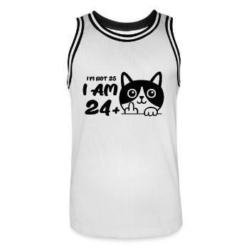 I'm Not 25, I Am 24 Plus 1 Middle Finger Cat Flip - Men's Basketball Jersey - white/black - Front - AI Model Male 185 dark (185cm)