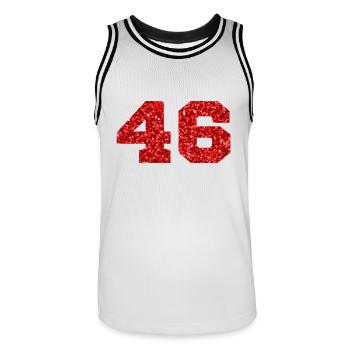 Number 46 Red Glitter - 46th Anniversary - Men's Basketball Jersey - white/black - Front - AI Model Male 185 dark (185cm)