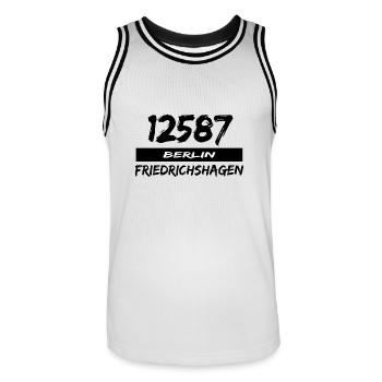12587 Berlin Friedrichshagen - Männer Basketball-Trikot - Weiß/Schwarz - Vorne - AI Model Male 185 dark (185cm)